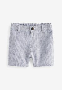 Striped shorts with a blue and white pattern, featuring a button closure, front pockets, and an elastic waistband for adjustable fit.