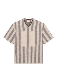 Short-sleeve, V-neck shirt in cream and gray stripes. Features the number "11" in a textured fabric on the front. Soft material and relaxed fit.