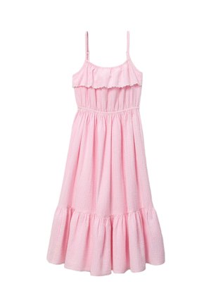 Robe rose sans manches avec fines bretelles, corsage à volants, taille élastique et jupe à étages avec motif en tissu texturé.