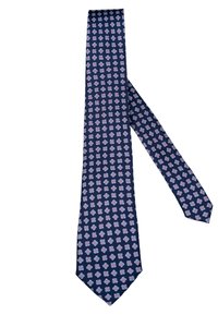 Granatowy krawat z geometrycznym wzorem w odcieniach czerwieni i jasnoniebieskiego. Wykonany z materiału, posiada spiczasty koniec i gładką teksturę.