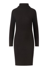 Schwarzes, geripptes Strick-Turtleneck-Kleid mit langen Ärmeln, glatter Textur, figurbetontem Schnitt und knielangem Design.