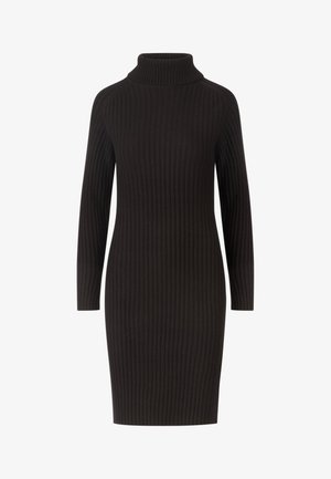 Black ribbed knit turtleneck dress with long sleeves, smooth texture, fitted silhouette, and knee-length design.