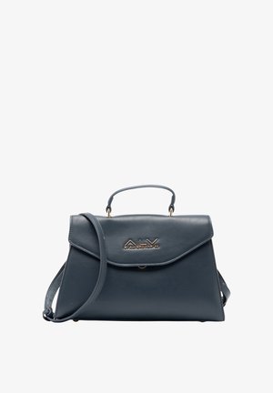 Borsa a mano in pelle blu scuro con design strutturato, ferramenta dorata, manico superiore e tracolla removibile. Presenta una chiusura a patta.