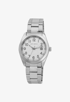 Silberne Edelstahl-Uhr mit einem runden weißen Zifferblatt, großen schwarzen Stundenmarkierungen, Datumsanzeige auf der Position 3 Uhr und einem sicheren gebürsteten Armband.