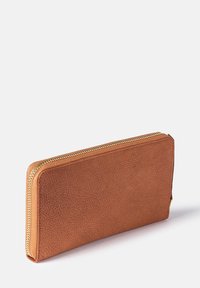 Brown leather wallet with a textured surface, rectangular shape, and gold zipper detailing along the edge. No visible logos or patterns.