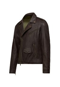 Leren jack in donkerbruin met een gestructureerde afwerking, voorzien van een rits aan de voorkant, zijzakken en een gekartelde kraag. Voering aan de binnenkant zichtbaar.