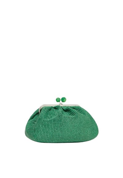 Grünes gewebtes Clutch mit runder Form, Metallrahmen und Klappverschluss. Verfügt über zwei grüne dekorative Kugeln auf der Oberseite.