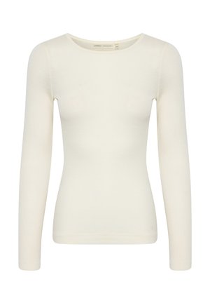 Krémový dlouhý rukáv top vyrobený z lehkého, měkkého materiálu, s kulatým výstřihem a přiléhavým designem, s minimálně viditelnými švy.