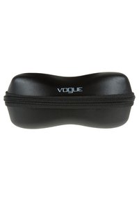 Caz pentru ochelari de soare dintr-un material rigid, de culoare neagră, cu un design curbat, dotat cu un sistem de închidere cu fermoar și cu logo-ul "VOGUE" în culoare albastră pe partea de sus. Textură netedă.