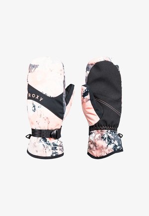 Różowo-czarne rękawice z kwiatowym wzorem, z teksturowaną czarną dłonią, regulowanym paskiem i elastycznymi mankietami dla pewnego dopasowania.