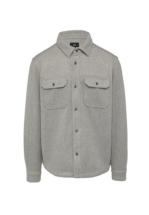 Grijze herringbone overhemdjas met lange mouwen, knoopsluiting aan de voorkant, twee borstzakken en contrasterende zwarte knopen. Zachte textuur met een gestructureerd ontwerp.