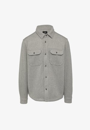 Grijze herringbone overhemdjas met lange mouwen, knoopsluiting aan de voorkant, twee borstzakken en contrasterende zwarte knopen. Zachte textuur met een gestructureerd ontwerp.