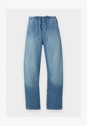 Hellblaue Jeans mit elastischem Bund und Kordelzug, geraden Beinen und verblasster Schattierung auf den vorderen Oberschenkeln.