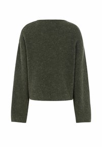 Maglione corto verde oliva con maniche lunghe. Tessuto morbido e dalla texture piacevole, con scollatura ampia. Design semplice senza chiusure visibili o motivi.