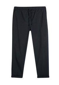 Svarta, lätta sweatpants med elastisk midja och dragsko, med sidfickor och namshankade midjor. Mjuk textur.