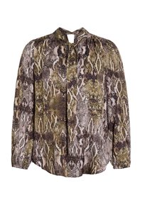 Langärmlige Bluse im mehrfarbigen Schlangenmuster, mit hohem Kragen und einem Schlüssel-Ausschnitt sowie gerafften Manschetten.