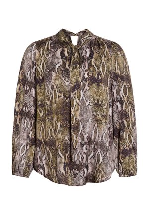 Langärmlige Bluse im mehrfarbigen Schlangenmuster, mit hohem Kragen und einem Schlüssel-Ausschnitt sowie gerafften Manschetten.