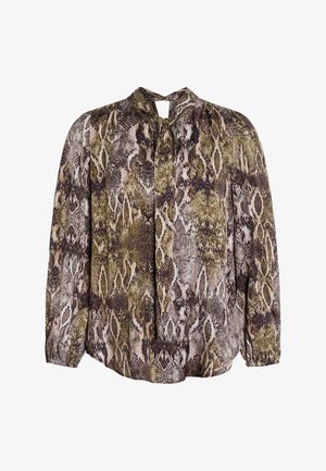 Langärmlige Bluse im mehrfarbigen Schlangenmuster, mit hohem Kragen und einem Schlüssel-Ausschnitt sowie gerafften Manschetten.