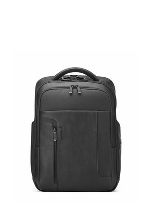 Sac à dos rectangulaire noir avec plusieurs compartiments zippés et une poignée supérieure, conçu pour un usage professionnel ou de voyage.