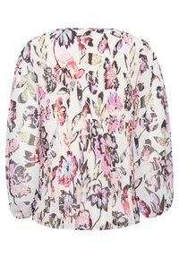 Lillelillede blouse, millel valgel põhialusel roosa, lilla ja musta lillemustriga. Pleeditud tekstuur ja pikad varrukad. Kuvatakse tagantvaadet.