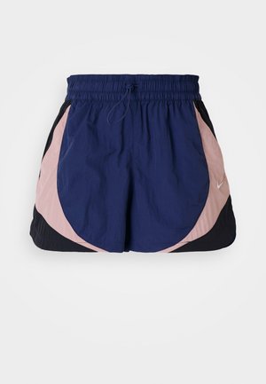 Nike athletic shorts with an elastic waistband, featuring navy, pink, and black panels. Made from lightweight, textured fabric.