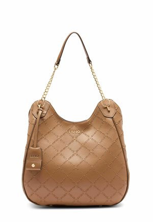 Braune Liujo-Handtasche mit einer weichen, strukturierten Oberfläche, die ein Rautenmuster aufweist, und einem goldfarbenen Kettenriemen. Inklusive einem Etikett mit Logodetail.