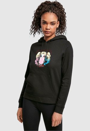 Black pullover hoodie featuring a graphic design of a character with blonde hair and colorful accents. Drawstring hood and front pocket included.