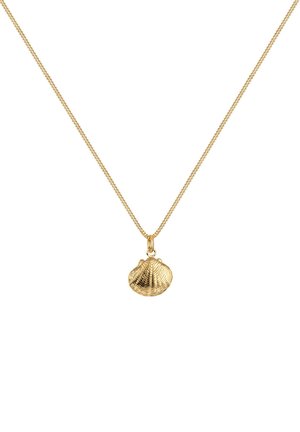 Collier en or présentant un pendentif en forme de coquillage avec des détails nervurés, suspendu à une fine chaîne, créant une apparence élégante.