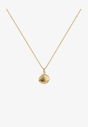 Collier en or présentant un pendentif en forme de coquillage avec des détails nervurés, suspendu à une fine chaîne, créant une apparence élégante.