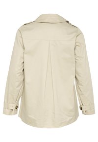 Beige trenchcoat met een rugplooi, lange mouwen en knoopmanchetten. Soepele textuur en klassiek kraagontwerp.