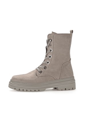 Gray suede ankle boots with lace-up front, metal eyelets, and a chunky rubber sole. Features a pull tab at the back for easy wear.