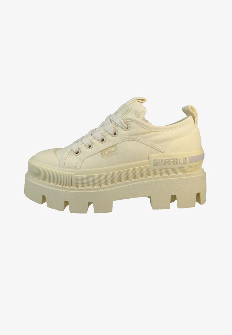Chunky platform sneakers in off-white, featuring a smooth upper, rounded toe, thick rubber sole with ridged details, and branded accents.