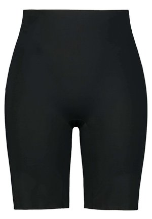 Czarne szorty z wysokim stanem wykonane z elastycznego materiału, charakteryzujące się gładką teksturą i dopasowanym krojem z wszytą nogawką.