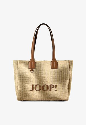 Beige vævet mulepose med brune læderhåndtag og broderet "JOOP!" logo på forsiden, rektangulær form med flad bund.