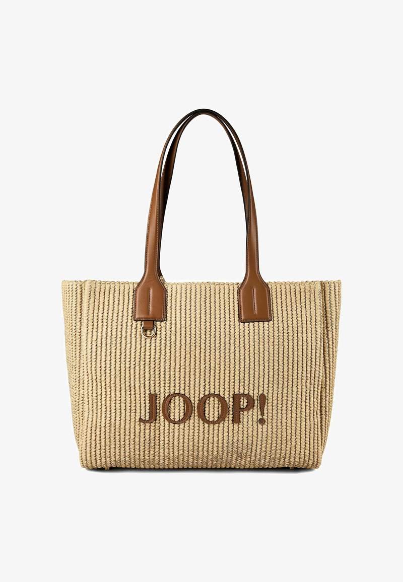 Sac fourre-tout beige tissé avec poignées en cuir marron et logo "JOOP!" brodé sur le devant, forme rectangulaire avec une base plate.