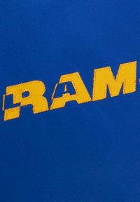 Niebieska tkanina z wyraźnym, haftowanym żółtym napisem „RAM”. Tekst ma nieco podniesioną fakturę, co wskazuje na haft.