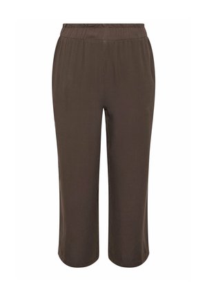 Pantalones cortos marrones con cintura elástica y piernas rectas, hechos de tela ligera, mostrados sobre un fondo blanco liso.