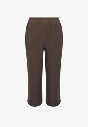 Bruine korte broeken met elastische tailleband en rechte pijpen, gemaakt van lichtgewicht stof, getoond op een effen witte achtergrond.