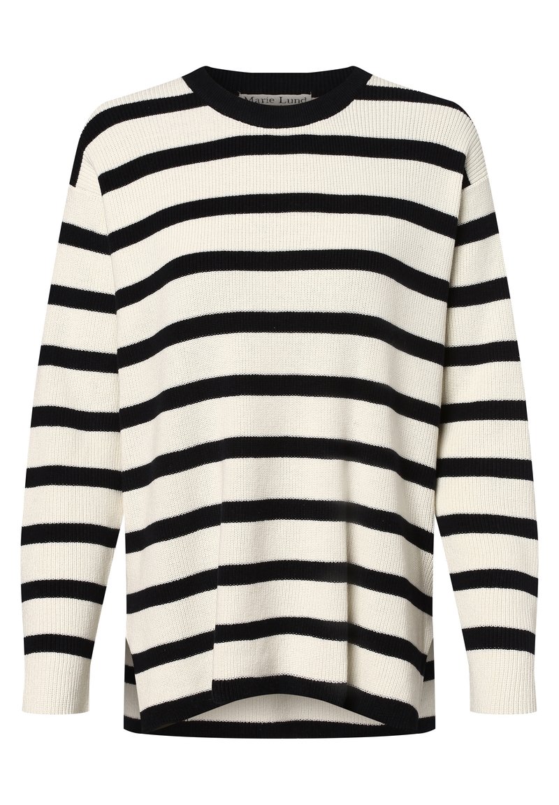 Pull en maille à rayures noires et blanches avec un col rond, des manches longues et un ourlet légèrement asymétrique. Texture douce.