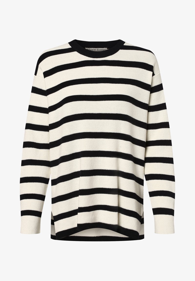 Pull en maille à rayures noires et blanches avec un col rond, des manches longues et un ourlet légèrement asymétrique. Texture douce.