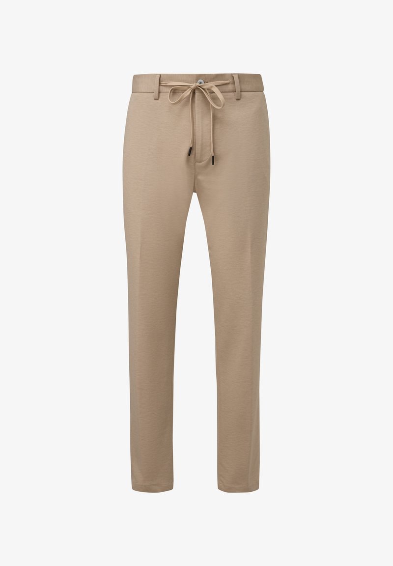 Beige drawstring pants with a smooth texture, tapered design, and a button closure at the waist. Simple and versatile style.