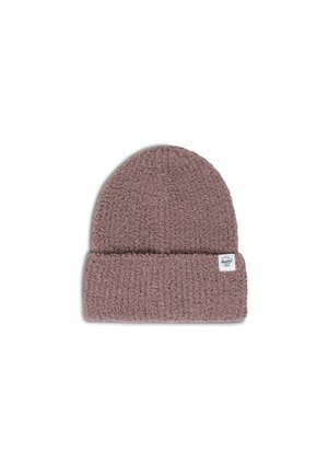 Dziergana czapka beanie w miękkim mauve z podwiniętym żeberkowym mankietem. Posiada małą łatkę z logo z boku. Tekstylna tkanina zapewniająca ciepło.