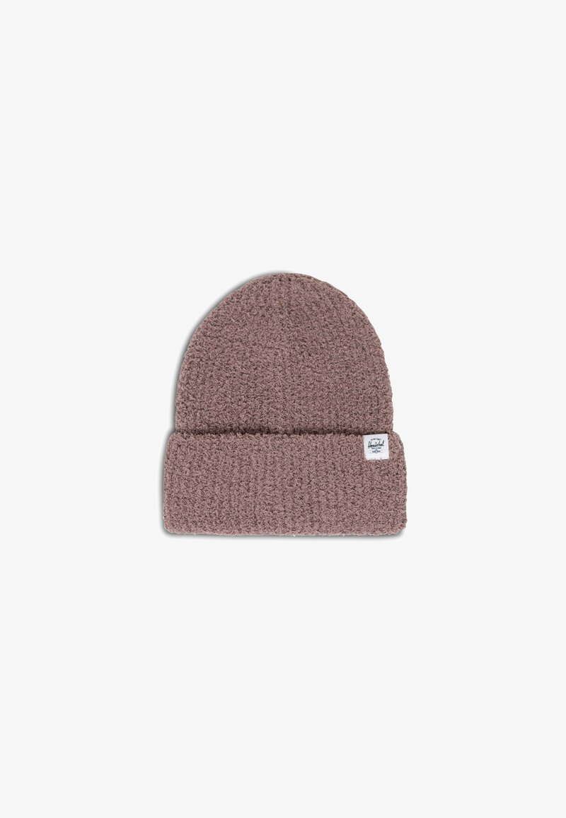 Dziergana czapka beanie w miękkim mauve z podwiniętym żeberkowym mankietem. Posiada małą łatkę z logo z boku. Tekstylna tkanina zapewniająca ciepło.