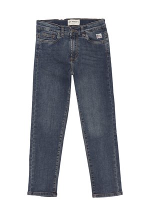 Jeans in denim blu scuro con vestibilità classica, design a cinque tasche, chiusura con bottone e dettagli di whiskering sottili sulla parte frontale.