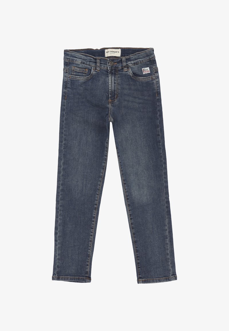 Jeans in denim blu scuro con vestibilità classica, design a cinque tasche, chiusura con bottone e dettagli di whiskering sottili sulla parte frontale.