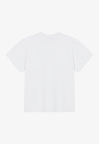 Weißes Baumwoll-T-Shirt mit klassischem Rundhalsausschnitt und kurzen Ärmeln in lockerem Schnitt. Einheitliche Textur ohne Muster oder Akzente.