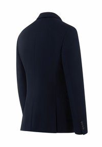 Marineblauer, taillierter Blazer mit Reverskragen, einem Rückenschlitz und Manschetten mit vier Knöpfen. Hergestellt aus glattem Material mit einer strukturierten Form.