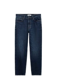 Jeans de mezclilla azul oscuro con un diseño de pierna recta, cinco bolsillos y cierre de botón. La tela muestra un leve desvanecimiento y un ligero desgaste.