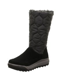 Czarne kozaki do kolan z pikowaną górą z tkaniny, sztucznym futerkiem i teksturowaną czarną gumową podeszwą z wzorami zwiększającymi przyczepność.