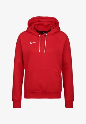 Sweat à capuche rouge Nike avec cordons blancs, poche kangourou et logo Swoosh blanc sur la poitrine gauche, présenté sur un fond blanc uni.